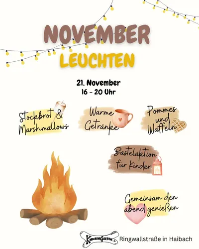 Plakat: November-Leuchten im Knochengarten am 21. November von 16 bis 20 Uhr. Stockbrot und Marshmallows, warme Getränke, Pommes und Waffeln, Bastelaktion für Kinder.